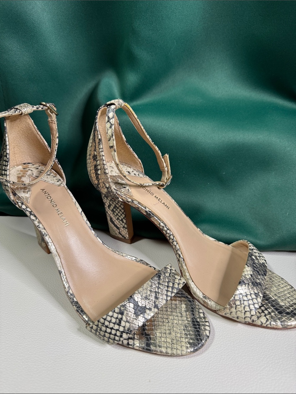 Antonio Melani Women’s Snakeskin Print Leather Ankle Strap Heels Size 8M
